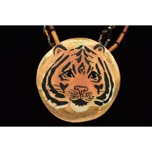 Carol Halmy Vintage Ceramic Beaded Necklace Hand Made Tiger Golden Signed Bin4A